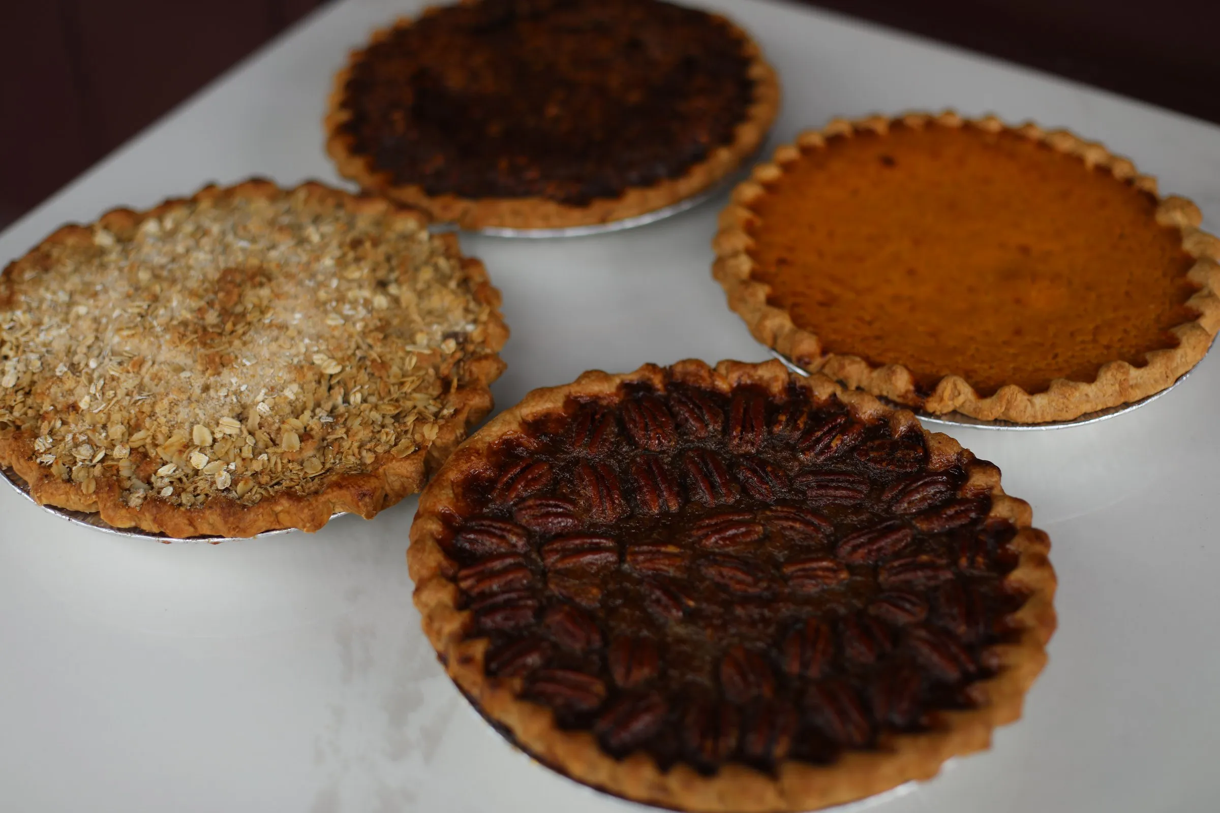 Pecan, pumpkin and streusel pies